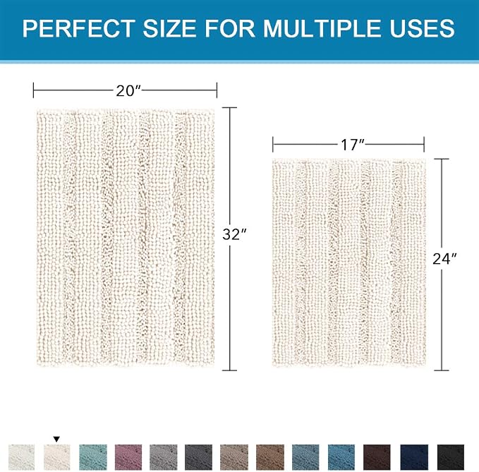 H.VERSAILTEX Ivory Bath Mat Bath Rugs, Extra Thick Striped Bath Rugs for Bathroom 2 Piece Bathroom Set, Anti-Slip Soft Plush Chenille Shaggy Mat Water Absorbent (Ivory, 20" x 32"/17" x 24")