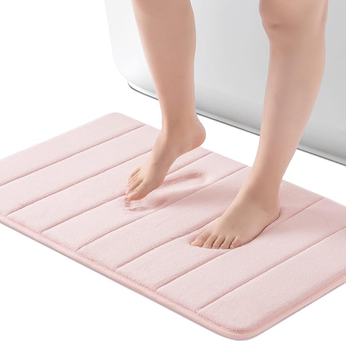 ROSMARUS Memory Foam Bath Mat, 17''x24'', Pink | Water Absorbent, Ultra Soft, Non Slip, Thick Foam, Bathroom Rugs for Floor & Tub, Machine Washable Care