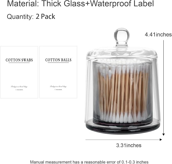 Qtip Holder Apothecary Jars with Lid, 2 Pack Thick Glass, Gray | Bathroom Canisters Vanity Organizer for Cotton Balls, Swabs, Candy, Jewelry, Makeup Storage, Bathroom Decor