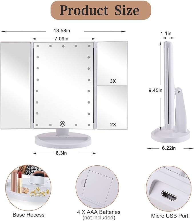 Flymiro Tri-fold Lighted Vanity Makeup Mirror with 3x/2x Magnification,Light up Mirror for Makeup,Touch Screen 21 LEDs,180° Rotation Countertop Cosmetic Mirror,Gifts for Women Mom Teen Girls