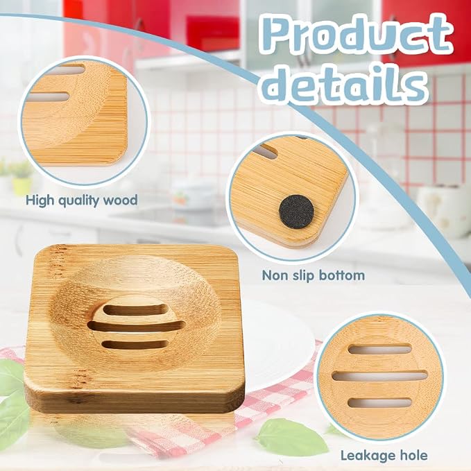 12 Pcs Bamboo Soap Dishes, Wooden Soap Tray Soap Holder, Shampoo Bar Holder Bar Soap Holder for Bathroom, Kitchen (Square & Round)