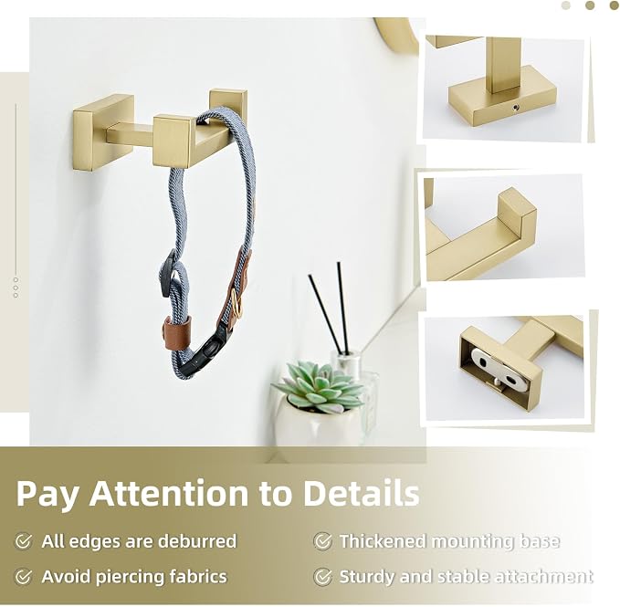 Angle Simple Towel Hook Brushed Gold, SUS304 Stainless Steel Double Robe Coat Hook, Hand Towel Holder Bathroom Wall Mount