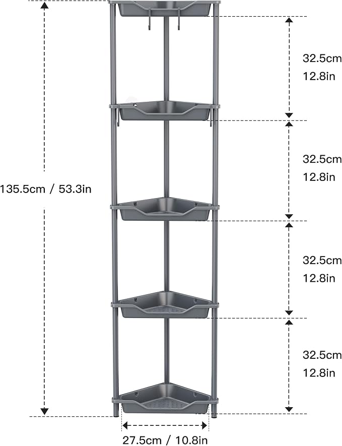 Orimade Rustproof 5 Tier Floor Standing Corner Shower Caddy Organizer, Plastic Metal Splicing Floor Corner Shelf Rack Stands for Bathroom, Grey