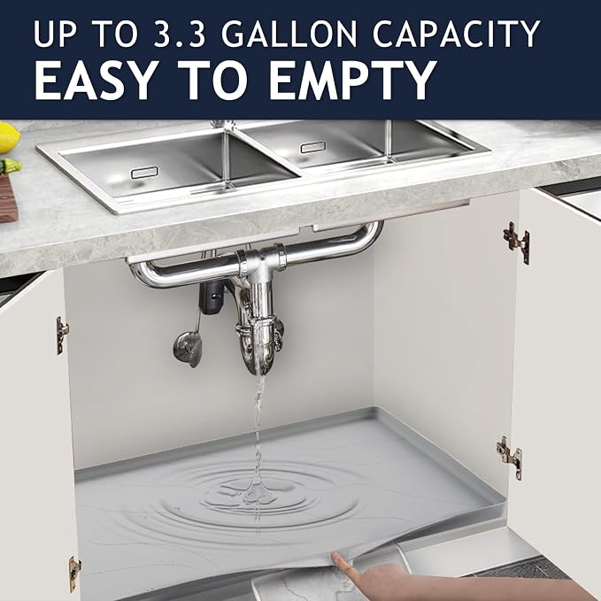Premium Under Sink Mat for Kitchen - Waterproof 34" x 22", Extra Thick Non-Slip Silicone Liner with Raised Edge - Prevents Drips, Leaks, Spills - Grey