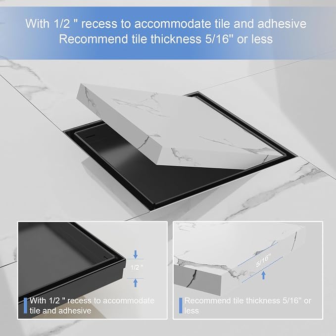 6-Inch Square Shower Drain with Tile Insert Grate, SUS 304 Stainless Steel Shower Floor Drain Kit with Hair Strainer (Matte Black)