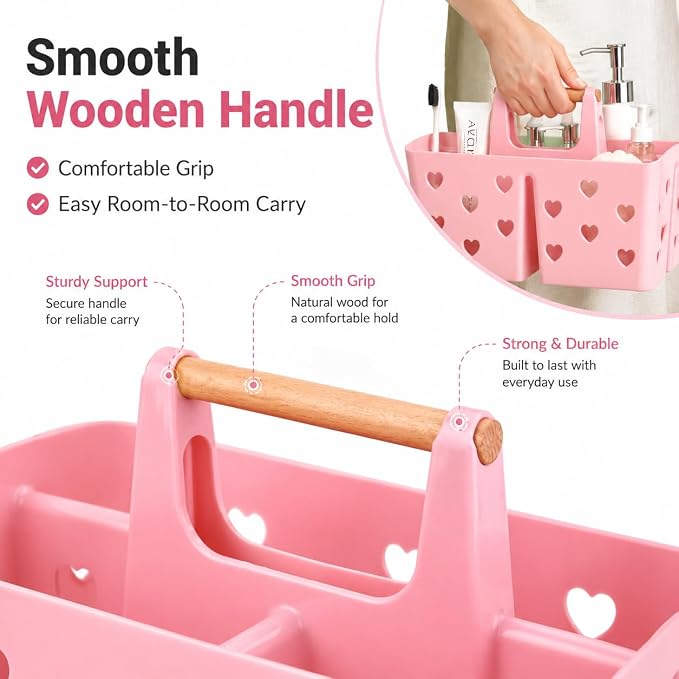 Pink Portable Shower Caddy with Wooden Handle, Plastic Shower Basket Organizer with Drainage Holes & 3 Compartments, Dorm Shower Caddy for College Students, Bathroom, Gym, Camping Toiletry Storage