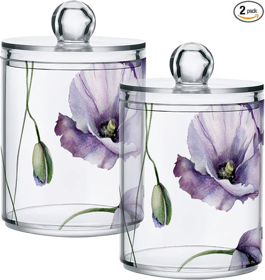 2 Pack Qtip Holder Dispenser for Cotton Ball Watercolor Flowers Purple Poppies Cotton Swab Round Pads Clear Plastic Acrylic Jar Set Bathroom Canister