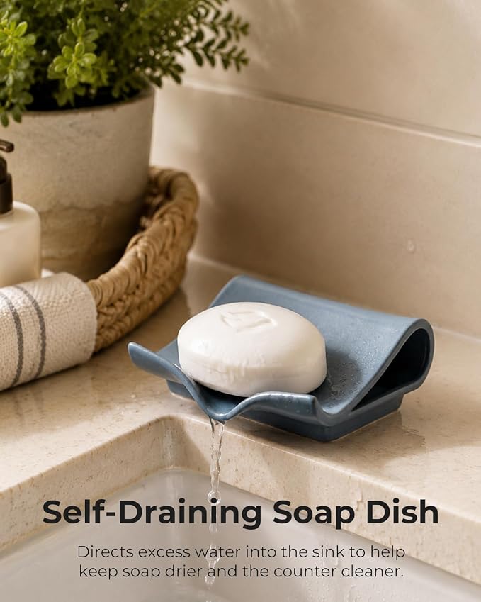 Zoeeker Self-Draining Soap Dish, Ceramic Soap Holder with Drain Spout | Bar Soap Saver Waterfall Design Drying Tray for Shower Bathroom Kitchen Bathtub, Sink Organizer Tray, Extends Soap Life, Blue