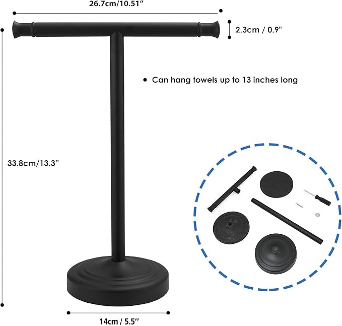 RUMOSE 13 Inch Matte Black Towel Stand Hand Towel Holder Bathroom Kitchen Vanity Countertop T-Shape Towel Rack Free Standing Stainless Steel Towel Bar Towel Ring