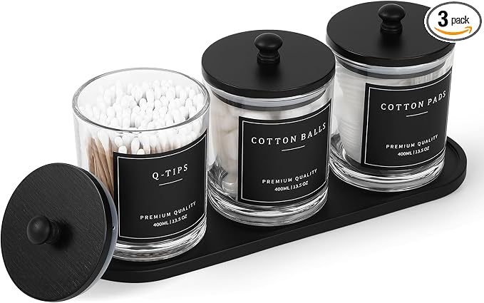 eggs sound 3 Pack Qtip Holder - Bathroom Organizers and Storage, Cotton Round Pad Holder Swab Dispenser Floss Pick Holder with Tray, Glass Apothecary Jars with Lids, Cotton Ball Container - Clear Bk