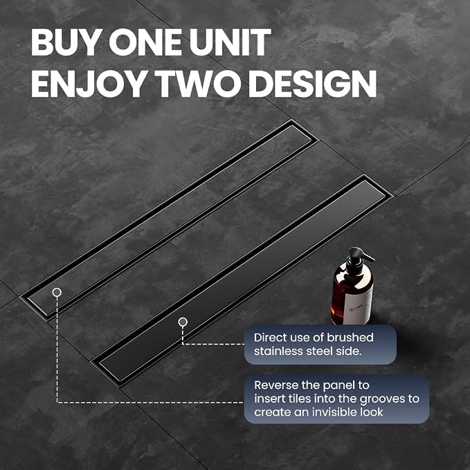 Linear Shower Drain 18 Inch Black, Shower Drain with 2-in-1 Tile Insert Panel, Brushed AISI 304 Stainless Steel Linear Drain for Fast Drainage, Floor Drain for Bathroom, Kitchen, Garage & More