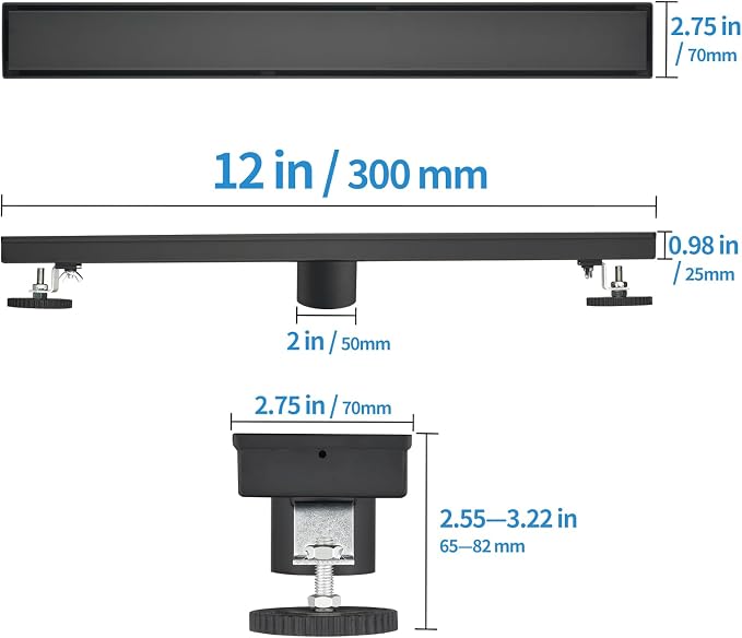 Linear Shower Drain ，with Tile Insert Panels ，12 Inch Black 304 Stainless Steel Rectangle Shower Floor Drain，with Hair Catcher, Adjustable Feet，Fits Bathroom, Balcony