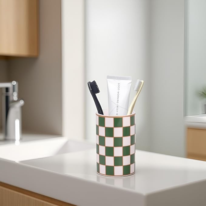 Checkered Bathroom Toothbrush Holder, Bathroom Black and White Ceramic Toothbrush Holder, Modern Toothbrush Box, Used for Bathroom countertop Storage Rack, Checkered Bathroom Decoration (Green)