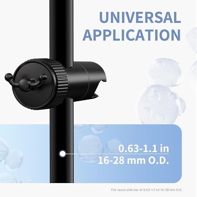 OFFO Shower Head Holder, Adjustable Handheld Shower Head Holder with 2 Hooks for 0.75-0.87 in Shower Hose, 360 Degree Rotation Shower Handle Holder for 0.63-1.1 in O.D. Shower Slide Bar, Matte Black