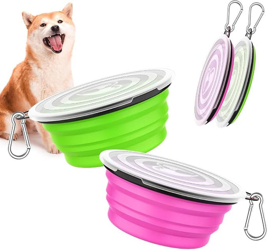 Pawaboo Collapsible Travel Dog Bowls 2 Pack with Lids&Carabiners Silicone | Feeding Watering Bowls for Dogs Cats, Collapsable Water Feeder Food Bowl for Walking Traveling Home Use, Pink + Green