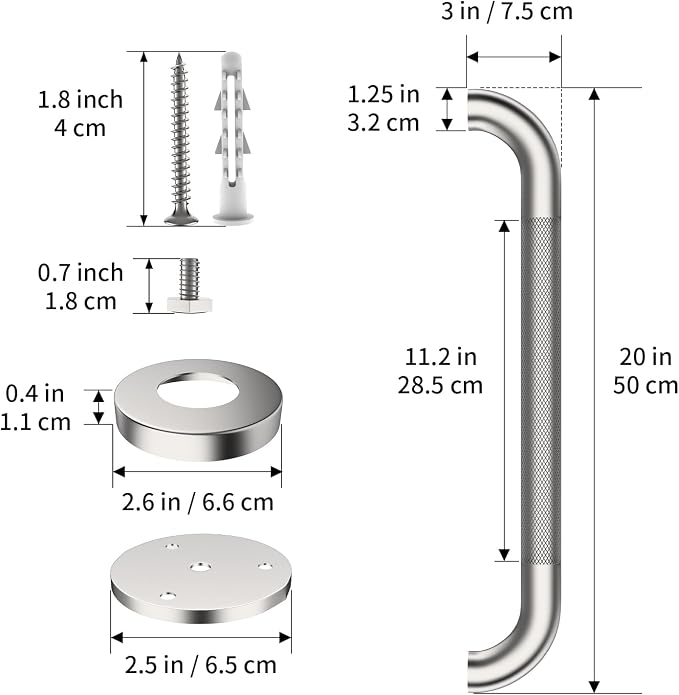 2 Pack Shower Grab Bar 20 Inch, ZUXET Brushed Nickel Handicap Grab Bar w/Knurled Grip, 304 Stainless Steel Bathroom Handrail for Toilet, Shower, Bathtub, Wall Mounted Anti-Slip Support Bar for Seniors