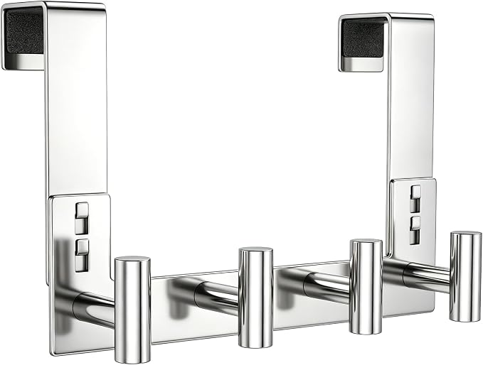PMMASTO Over The Door Hooks, Fits 1-3/4" Thick Door No Drill Hooks for Closet Bathroom Bedroom Organization, Hanger for Coat Towel Robe (Polished Silver, 4 T-Hooks)