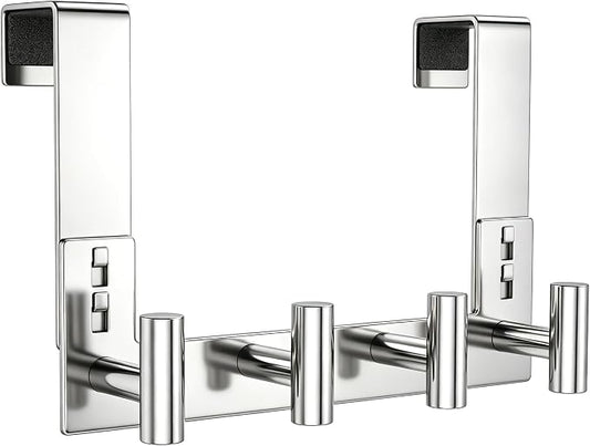 PMMASTO Over The Door Hooks, Fits 1-3/4" Thick Door No Drill Hooks for Closet Bathroom Bedroom Organization, Hanger for Coat Towel Robe (Polished Silver, 4 T-Hooks)