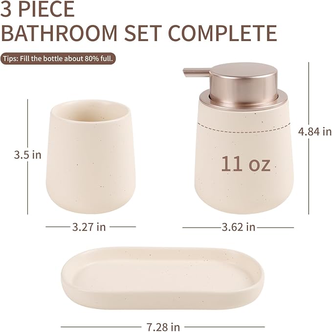 BosilunLife Ceramic Bathroom Accessories Set 3 Pcs | Foaming Soap Dispenser and Toothbrush Holder with Tray, Modern Farmhouse Vanity Decor, Apricot Housewarming Gift