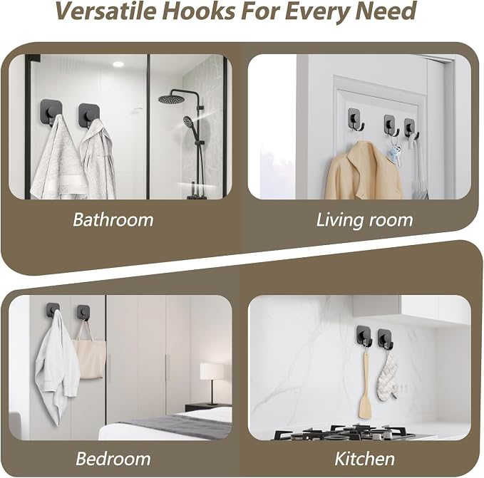 Aikzik 4 Pack Large Heavy Duty Wall Hooks - 26lb Max, Stainless Steel Adhesive Towel Hooks for Hanging Towel, Coat, Robe, Sticky Towel Holder for Wall Mount in Bathroom, Kitchen, Shower, Door - Black