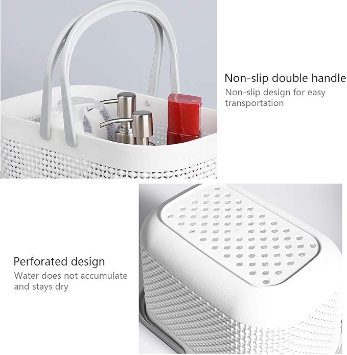UUJOLY Portable Shower Caddy Basket Tote, Plastic Storage Basket with Handles Organizer Bins for Kitchen Bathroom College Dorm, White 2 Pack