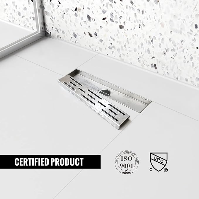 Linear Shower Drain, Shower Drain 12 inch with Bar Pattern Grate, Durable AISI 304 Stainless Steel Shower Drain, Linear Drain with Hair Strainer and Leveling Feet