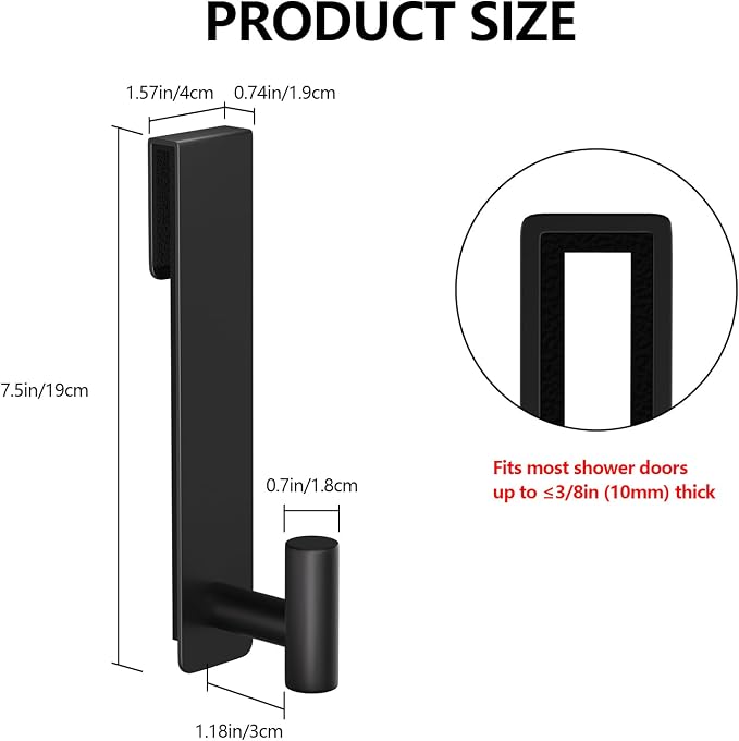 PMMASTO Shower Door Hooks, (7.5 Inch) Extended Towel Hooks for Bathroom Frameless Glass Shower Door, Stainless Steel Heavy Duty Hooks for Hanger Robe,Towel (Black ''T'' Shape 2 Pack)