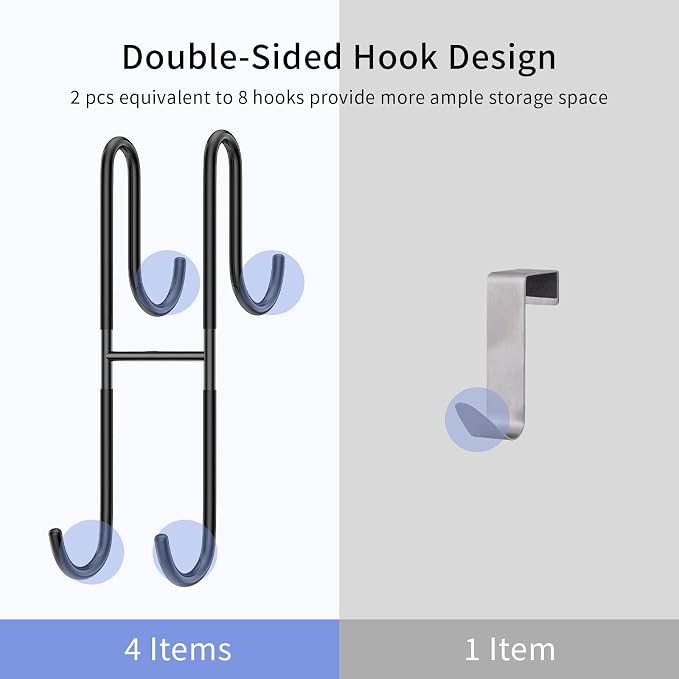 Over Shower Glass Door Hook, 2 Pack Black Stainless Steel Extended Shower Door Hooks, Bathroom Frameless Drilling-Free Hanger, Double Side Towel Hooks