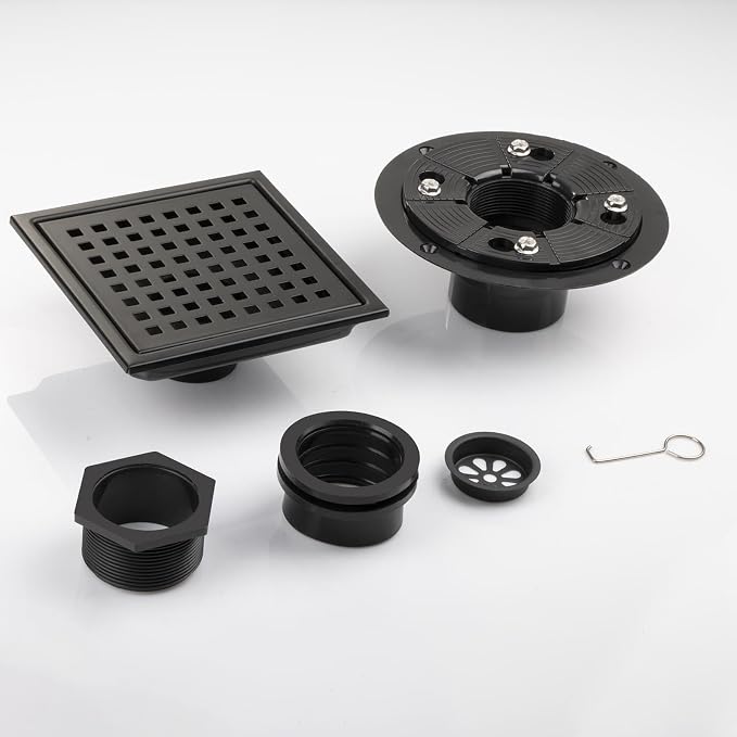 Square Shower Drain, Black Shower Drain 6 inch with Flange and Removeable Grate Cover, AISI 304 Stainless Steel Matte Black Shower Floor Drain with Hair Catcher and Flange
