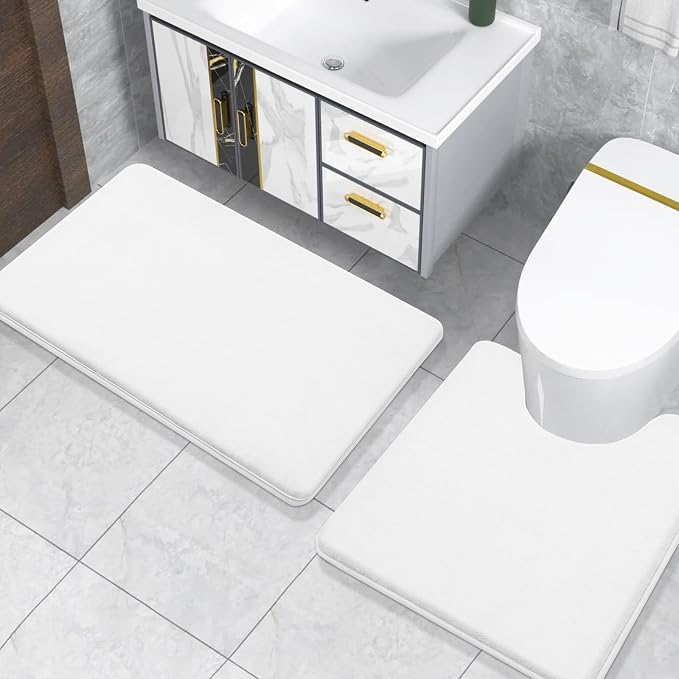 Smiry Memory Foam Toilet Rugs 20x20, Extra Soft Absorbent Bathroom Rugs | White, Quick Dry Machine Washable Non-Slip Contour Bath Mat for Toilet