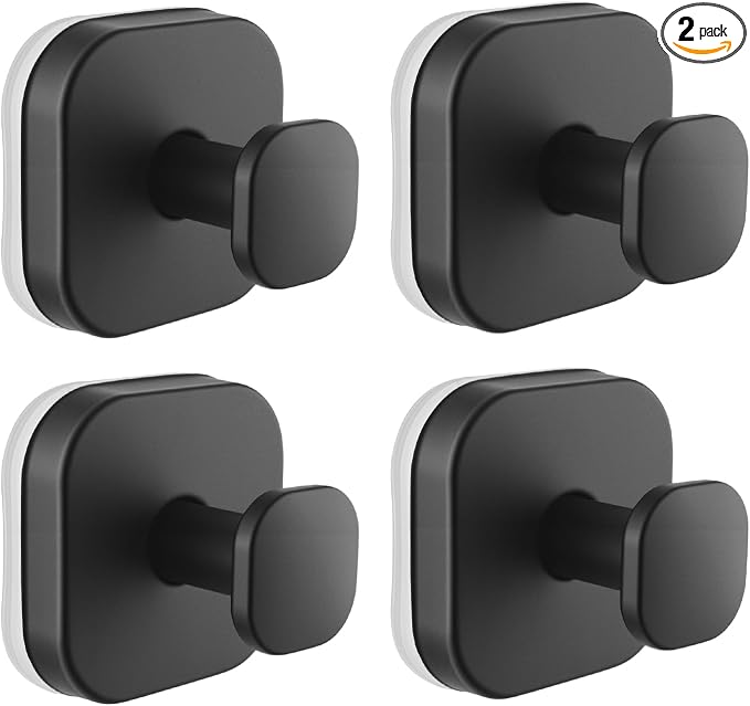 Suction Cup Hooks for Shower, Stainless Steel Bathroom Suction Hooks No Drilling, Heavy Duty Suction Cup Hooks for Towel Robe Loofah, Glass Tile Mirror (4Pack Black)