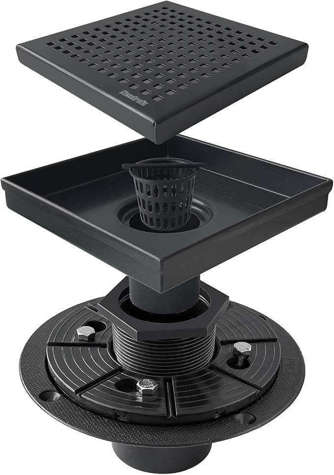 Neodrain 6-Inch Black Shower Drain, Square Drains with Removable Quadrato Pattern Cover, 304 Stainless Steel, Shower Drain Kits with PVC Base&Hair Catcher Strainer, Shiny Black