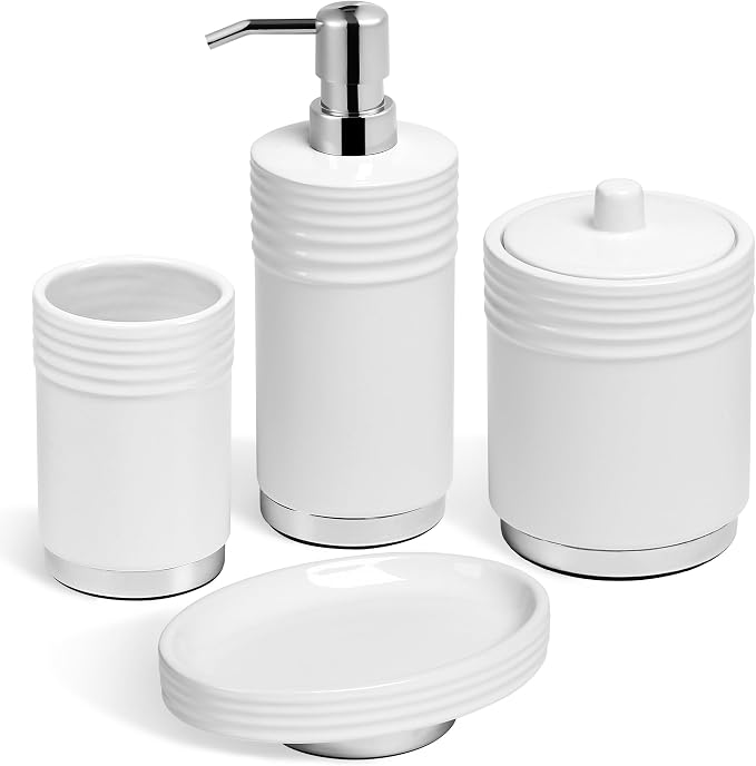 RQYIXI Ceramic 4-Piece Bathroom Accessories Set, White, Chrome Base | polished chrome metal base ribbed design with cotton canister hotel style countertop organization