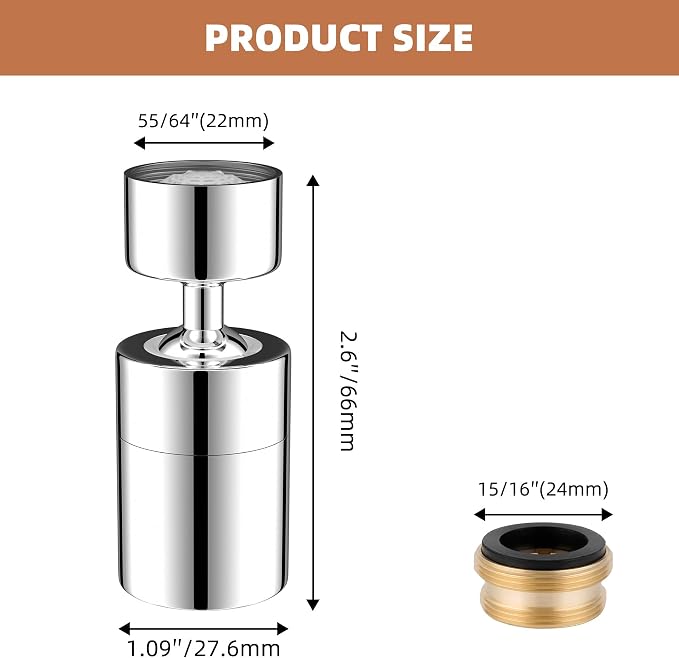 Hibbent NSF/ANSI/CAN 61 Certified Faucet Aerator, CUPC Certification 360 Degree Kitchen Sink Faucet Aerator, Dual-function Swivel Big Angle Kitchen Faucet Attachment, Faucet Replacement Part, Chrome