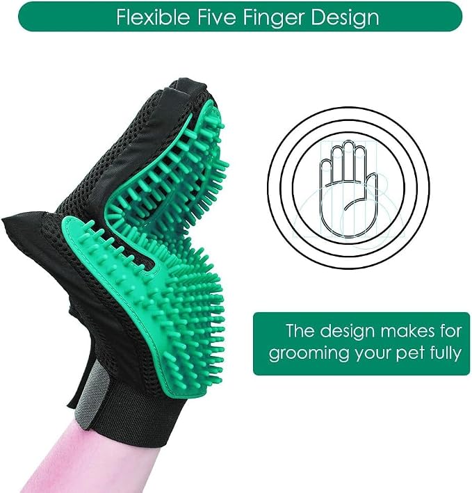 Pet Hair Removal Glove with 255 Silicone Tips for Dogs & Cats, Right Green | 2-in-1 Deshedding & Massage Mitt, 5-Finger Flexible Design, for Bathing & Grooming, Safe for Long/Short/Curly Hair Pets