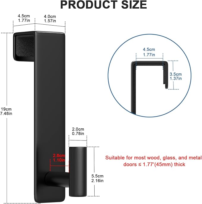 PMMASTO 2-Pack Over The Door Hooks - Rustproof Stainless Steel Door Hangers for 1-3/4 Inch Doors, Non-Marking and Tool-Free Easy Install (Black, T Shape-Fits 1-3/4" Thick Door)