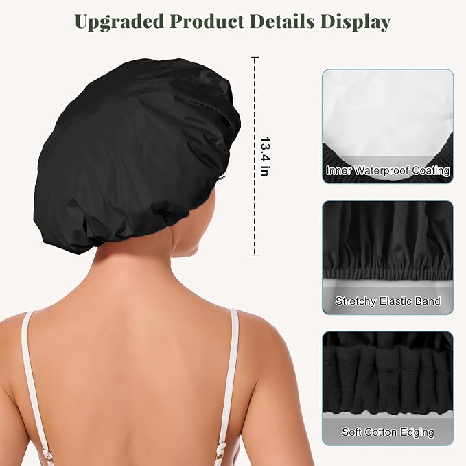 Shower Cap for Women Waterproof Reusable, Large Shower Cap Non-Slip with Elastic Band, Washable Bath Hair Hat for Long Hair, Braids (Black)
