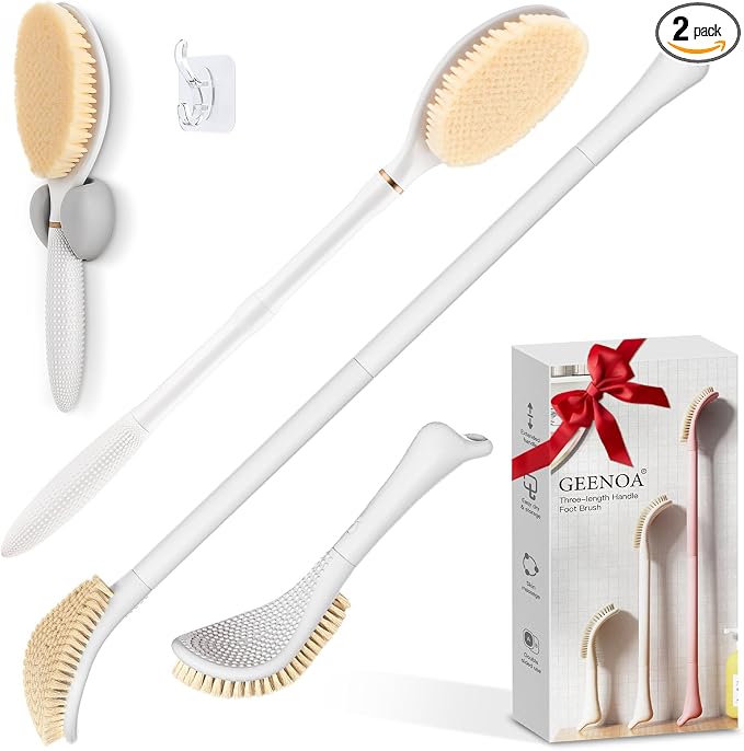 New Foot Brush & Back Scrubber Set 2PCS, 10.2''- 27.5'' Adjustable Foot Scrubber for Shower, 18.9'' Shower Back Scrubber with 3-Length Usage, Great Aid for People with Limited Mobility(White)