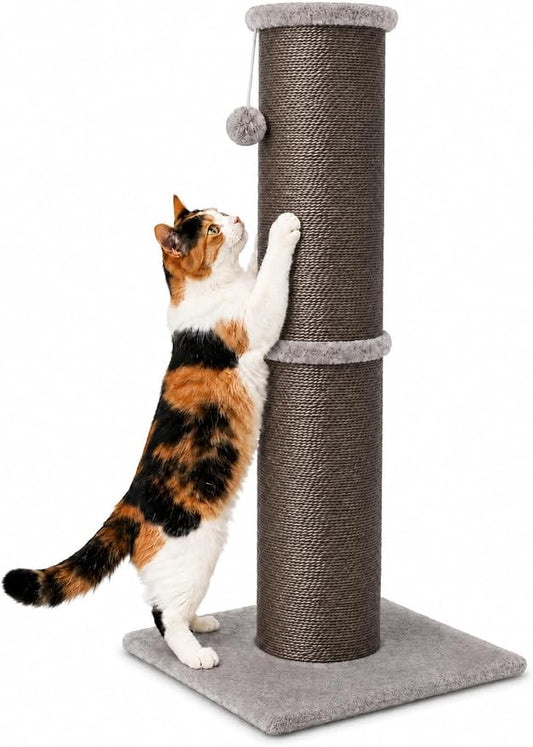 PAWSCRAT 32-Inch Tall Cat Scratching Post, 5.5-Inch Diameter, Sisal, Gery | Natural Sisal Scratching Surface with a Dangling Ball for Indoor Cats, Scratch-Resistant Durable and Protect Your Furniture