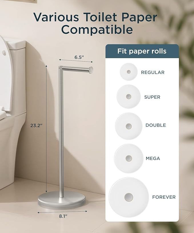 FORIOUS Toilet Paper Holder Stand with Storage for 4 Rolls, Brushed Nickel | Modern Freestanding SUS 304 Stainless Steel Bathroom Tissue Roll Organizer with Heavy Anti-Slip Weighted Base