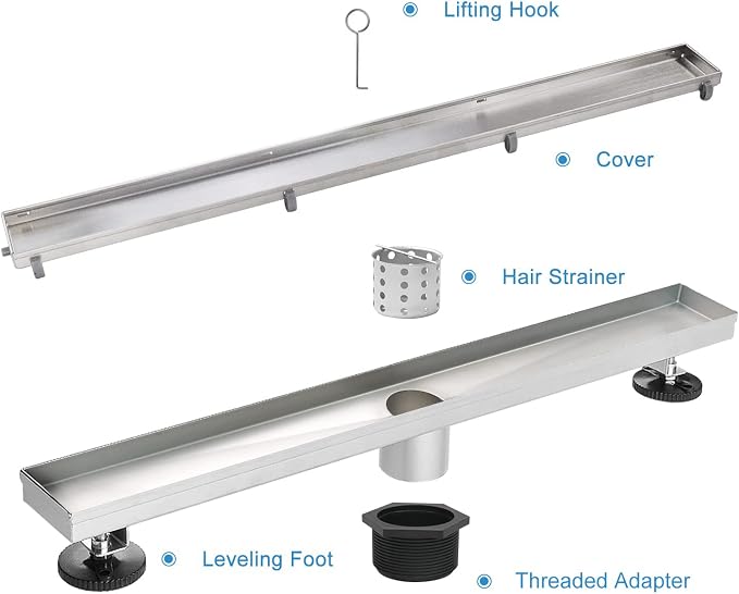 Linear Shower Drain, 28 inch Drain with Tile Insert 2-in-1 Panel, Brushed 304 Stainless Steel Shower Floor Drain, Linear Drain with Hair Strainer and Adjustable Feet
