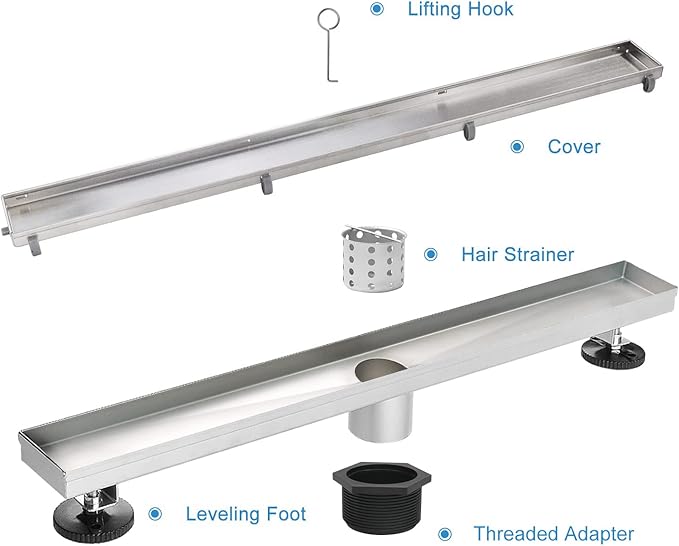 Linear Shower Drain, 60 inch Drain with Tile Insert 2-in-1 Panel, Brushed 304 Stainless Steel Shower Floor Drain, Linear Drain with Hair Strainer and Adjustable Feet