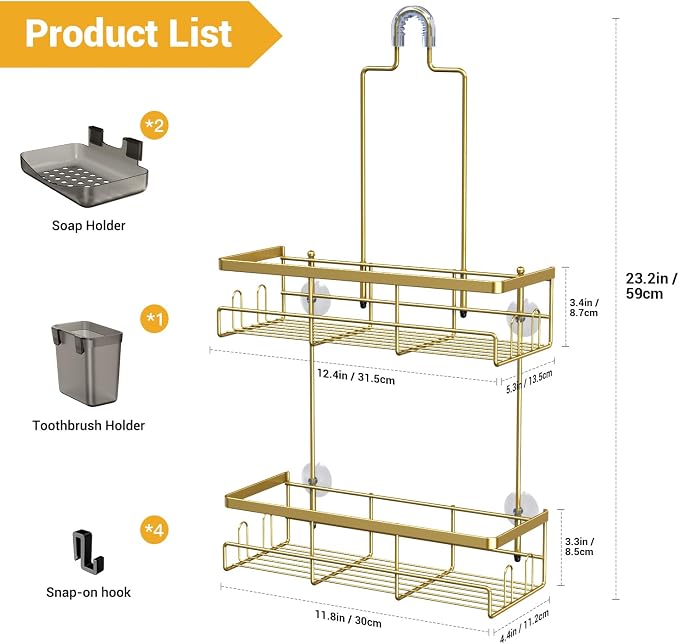 Hanging Shower Caddy Over Showerhead - Rustproof No Drill Shower Organizer | Includes Soap Holder and Hooks for Shampoo, Conditioner, and Bathroom Essentials with Quick Drainage Design