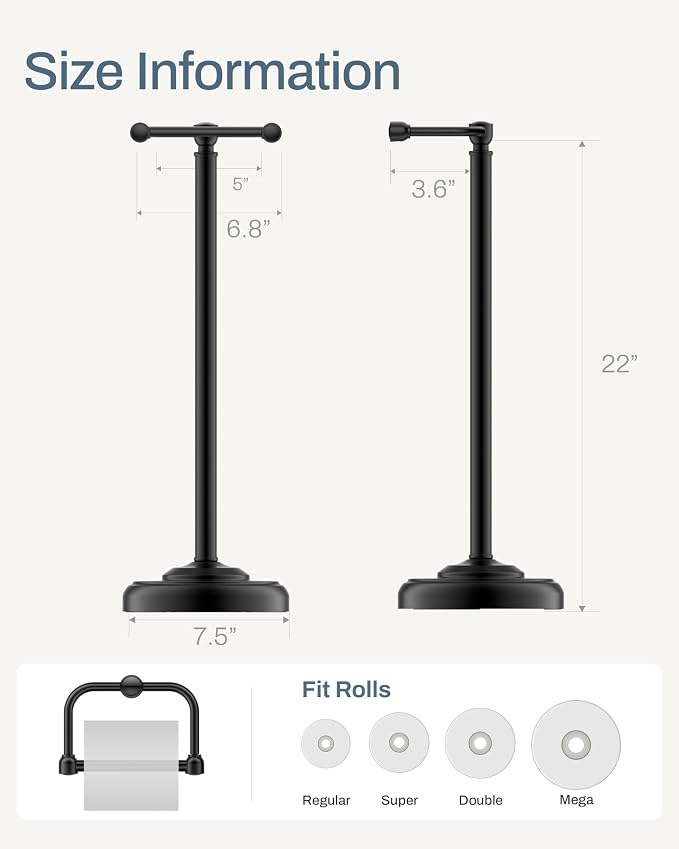 Freestanding Matte Black Toilet Paper Holder Stand, 4.82 LB Weighted Base Toilet Paper Stand, 304 Stainless Steel PVD One-Piece Pole, Pivoting Arm Fits Mega Rolls, No Drilling, 22 Inch