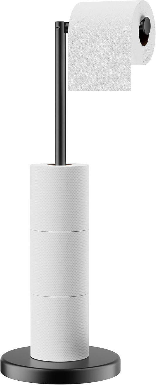 FORIOUS Toilet Paper Holder Stand with Storage for 4 Rolls, Matte Black | Modern Freestanding SUS 304 Stainless Steel Bathroom Tissue Roll Organizer with Heavy Anti-Slip Weighted Base