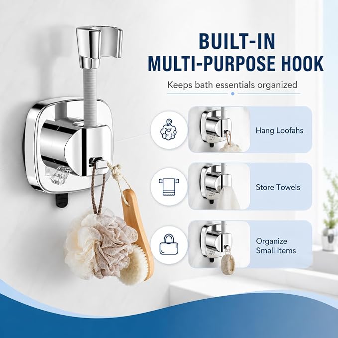 Chrome Suction Shower Head Holder, No Drill Handheld Shower Wand Bracket with Adjustable Angle Removable Vacuum Holder for Smooth Tile Glass Marble Metal Fits Standard 1/2" Hoses