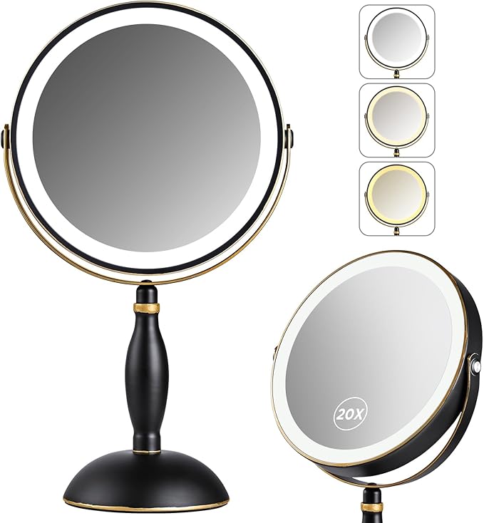 Lighted Makeup Mirror, 20x Magnifying - Matte Black with Gold Trim | Rechargeable Double Side Vanity Mirror, 3 Colors with Brightness Adjustable, Modern Style Side Touch & Charge, Women Gift
