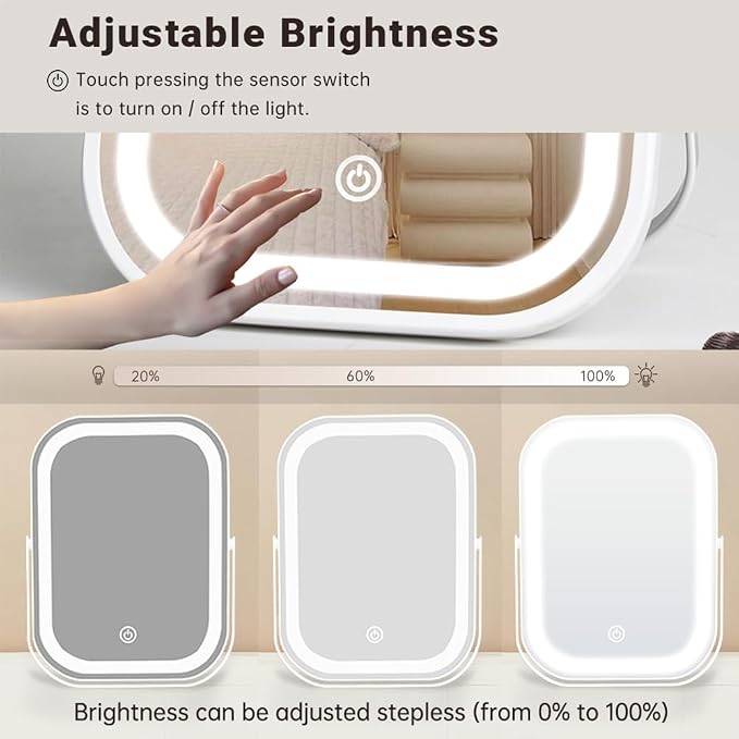 YEKKOPT Travel Makeup Mirror with Lights, Portable Small Beauty LED Vanity Mirror with Lights, 1200mAh Battery, Dimmable Touch Screen, Tabletop Folding Compact Mirror,Women Gift