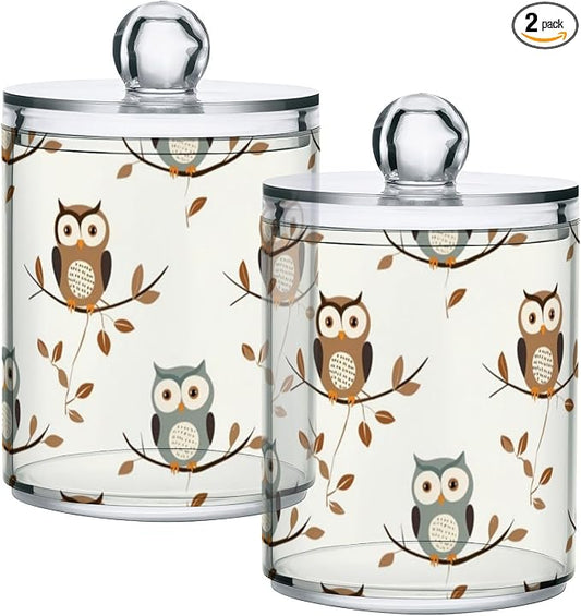2 Pack Qtip Holder Dispenser for Cotton Ball Owl Forest Little Animal Cotton Swab Round Pads Clear Plastic Acrylic Jar Set Bathroom Canister