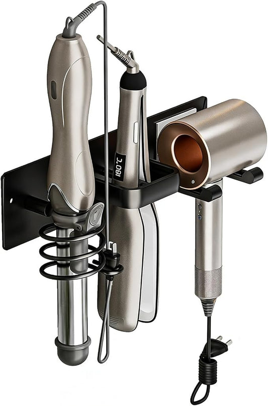 3-in-1 Wall Mount Hair Tool Organizer Hair Dryer Holder, Black | Universal storage rack for blow dryer, curling iron and flat iron in bathroom